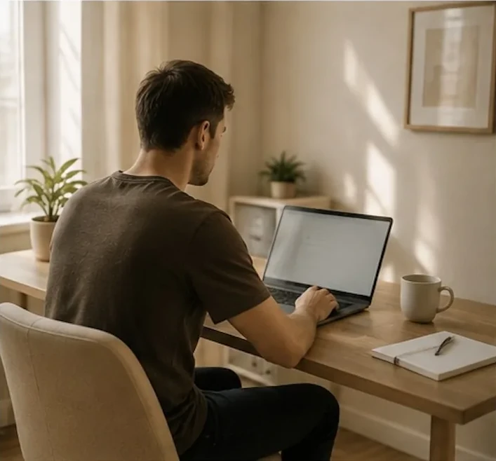 Ein Mann sitzt an einem Schreibtisch vor einem Laptop in einem hellen Raum