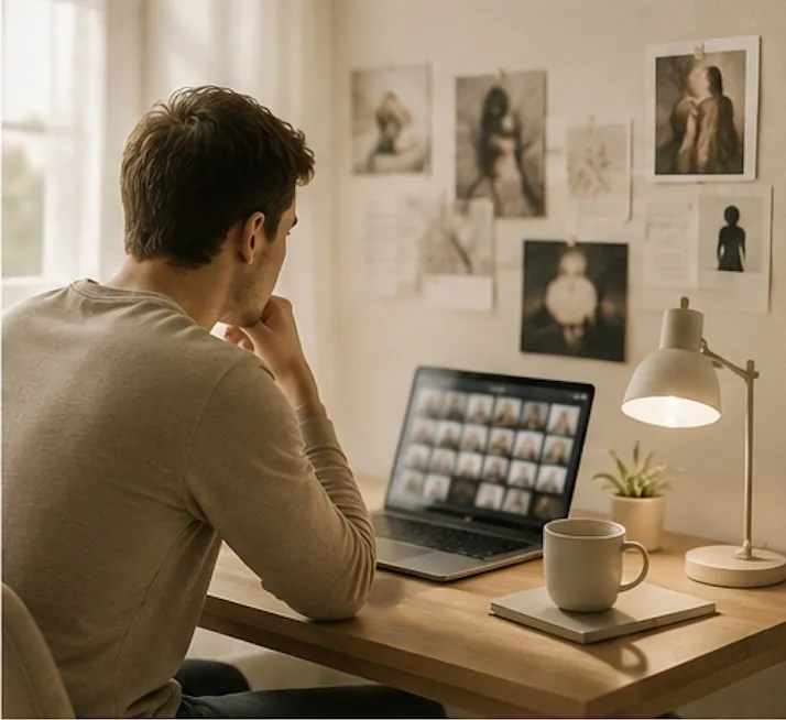Ein Mann sitzt nachdenklich vor einem Laptop an einem Schreibtisch
