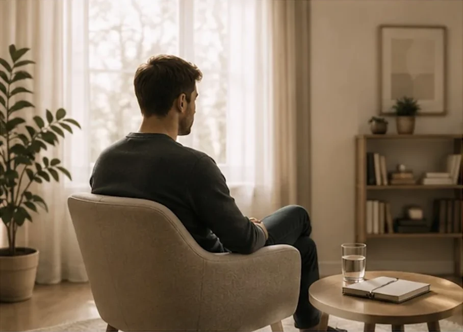 Ein Mann sitzt in einem ruhigen Wohnzimmer in einem Sessel und blickt aus dem Fenster