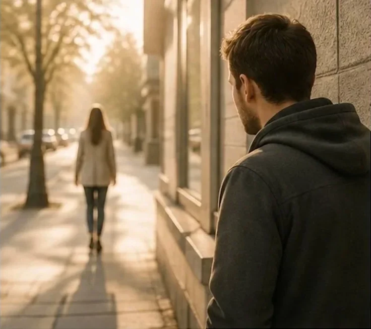 Ein Mann an einer Hauswand blickt einer Person nach, die eine sonnige Straße entlanggeht