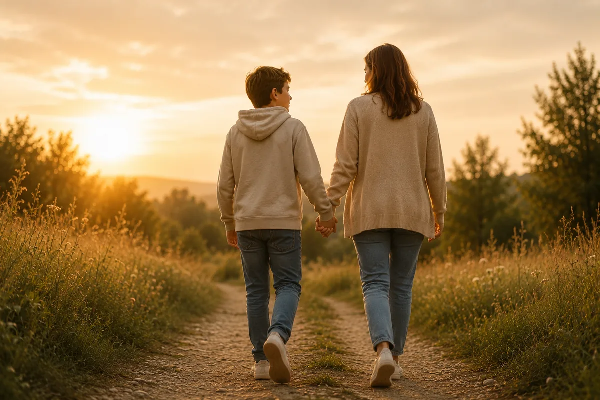 Zwei Menschen gehen nebeneinander einen Feldweg entlang in den Sonnenuntergang