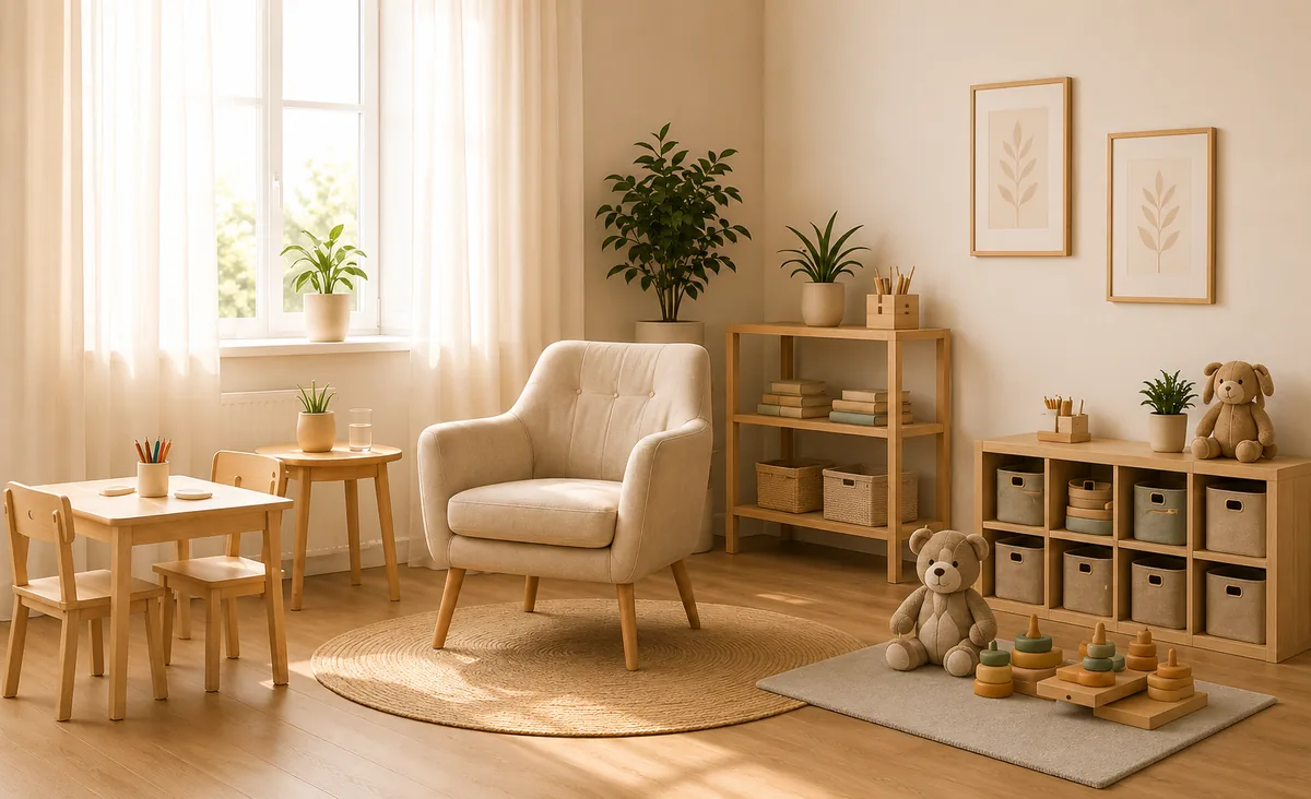 Ein heller Therapieraum für Kinder mit Sessel, kleinem Tisch, Spielsachen und Regalen