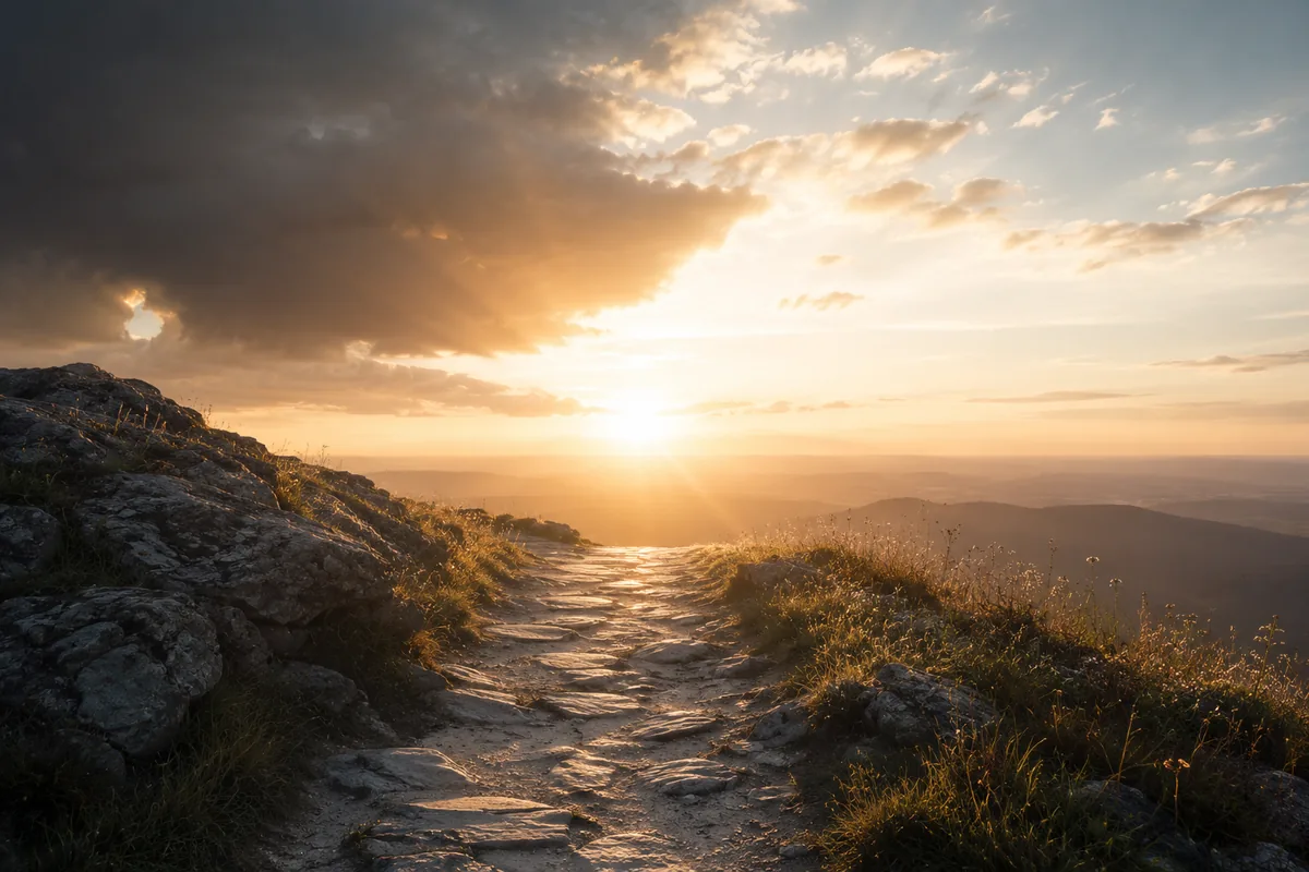 Sonnenaufgang über einer weiten Hügellandschaft