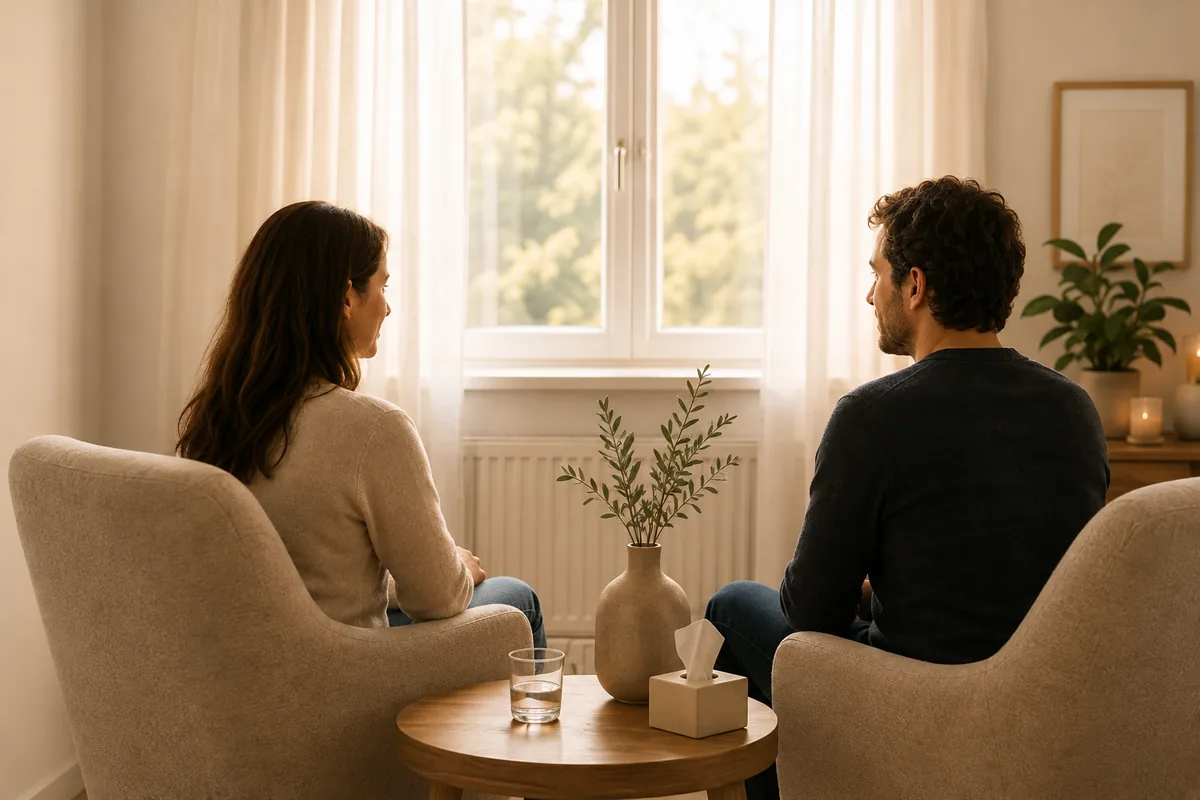 Ein Paar sitzt in zwei Sesseln nebeneinander und blickt aus dem Fenster