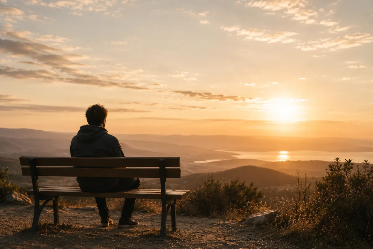 Eine Person sitzt allein auf einer Bank und blickt über eine weite Landschaft im Abendlicht