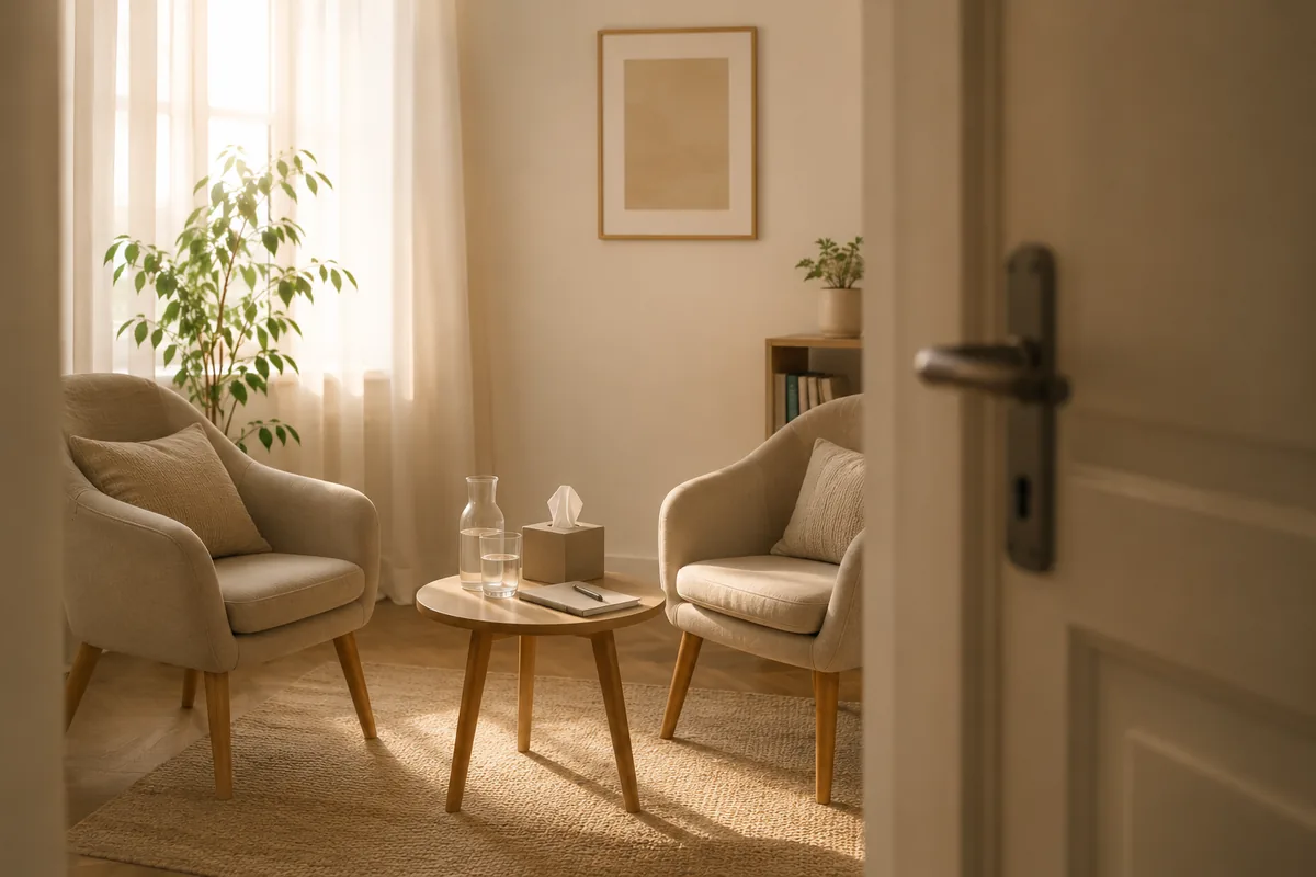 Blick durch eine offene Tür in einen ruhigen Therapieraum mit Sessel und Beistelltisch