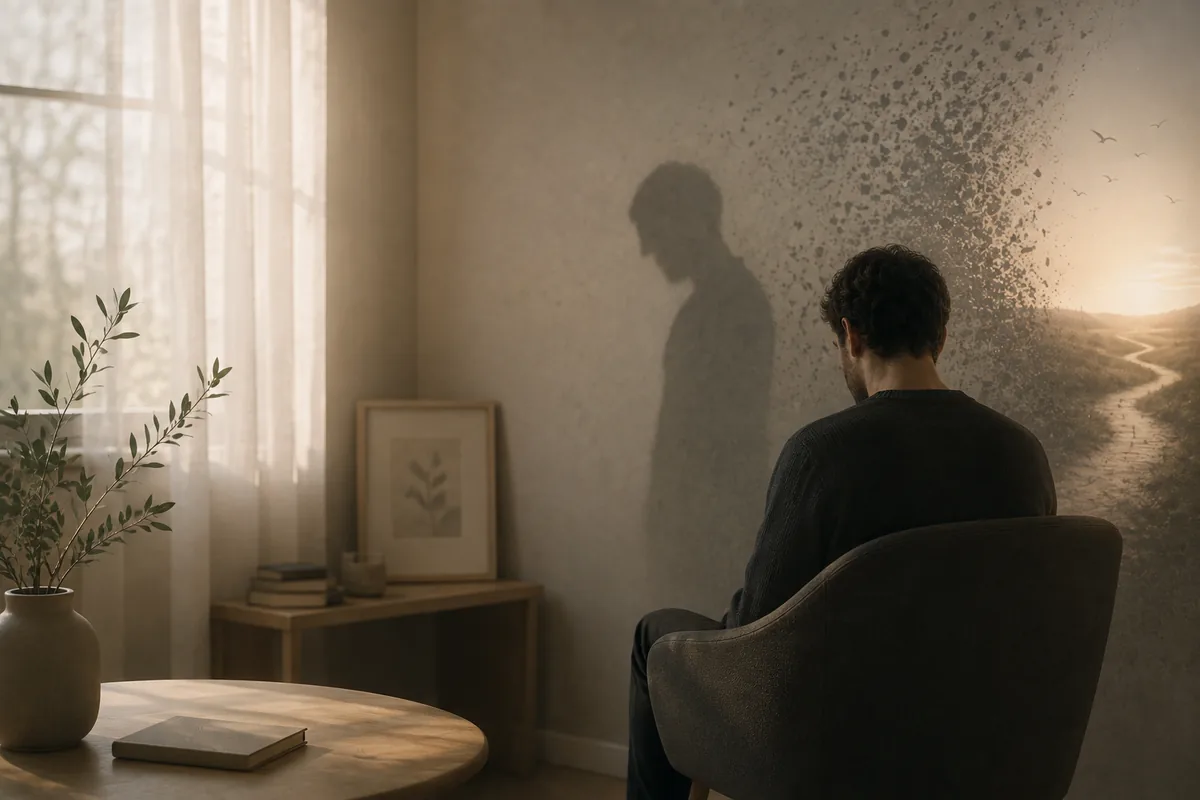Ein ruhiger Raum mit Sessel; an der Wand zeichnet sich der Schatten einer Person ab