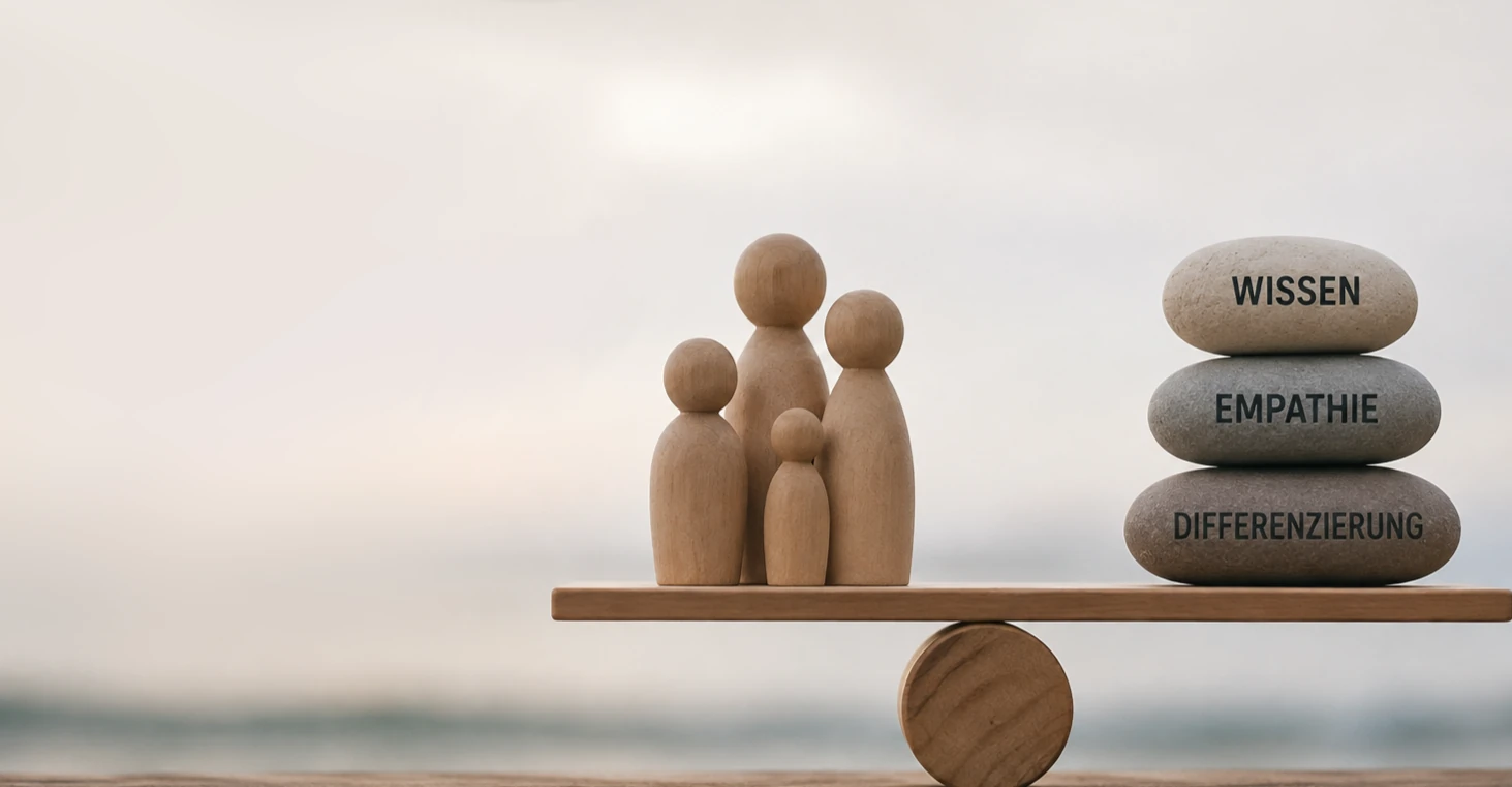 Eine Balkenwaage: links vier Holzfiguren als Familie, rechts drei gestapelte Steine mit den Worten Wissen, Empathie und Differenzierung